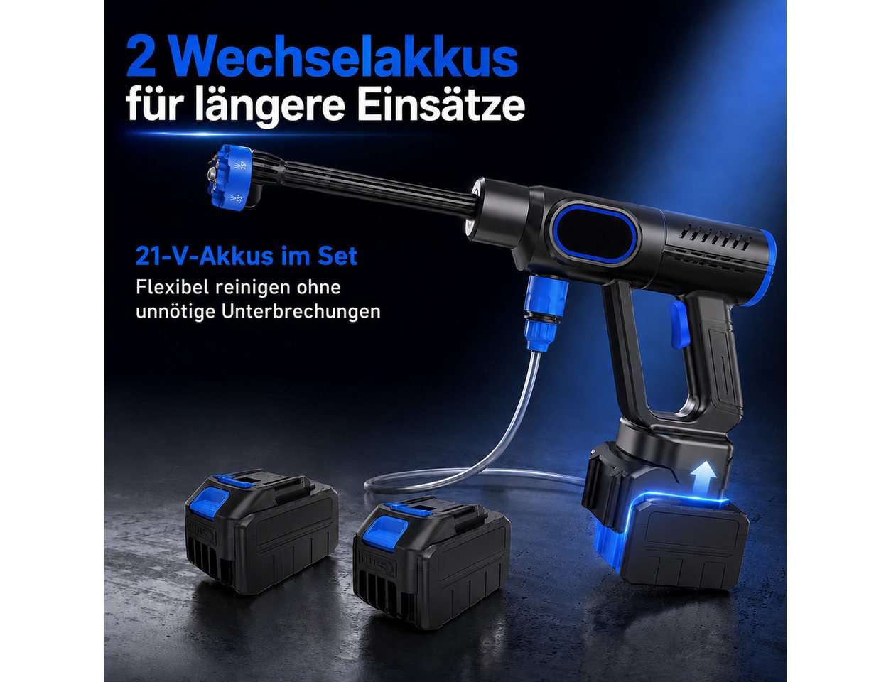 Diyarts Akku-Hochdruckreiniger, Druck max: 41,4 bar, 41 bar, 2x 21 V Akku, 6-in-1-Düse, 5 m Schlauch & Koffer Bild 2