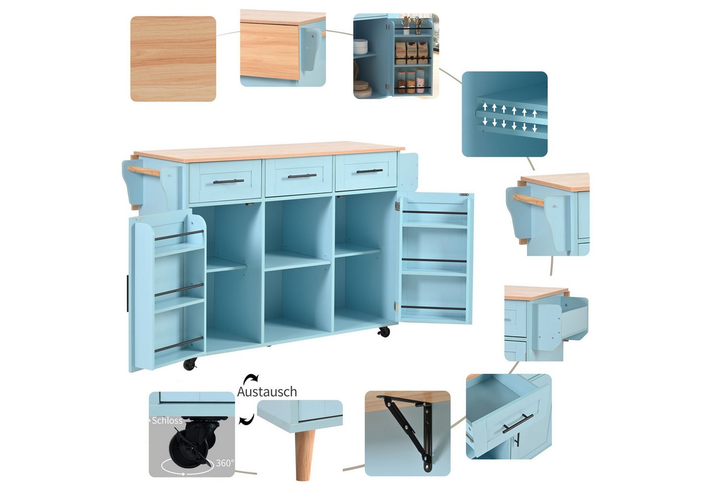 HAUSS SPOLE Kücheninsel Küchenwagen Buffetschrank mit Rollen,klappbare Arbeitsplatte, (Esszimmerwagen Anrichte 139x46(71)x91,5cm mit auswechselbare Massivholzfüße), mit Ausziehbare Arbeitsplatte,Massivholzbeine umschaltbar