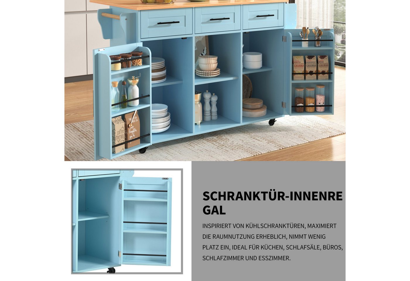 HAUSS SPOLE Kücheninsel Küchenwagen Buffetschrank mit Rollen,klappbare Arbeitsplatte, (Esszimmerwagen Anrichte 139x46(71)x91,5cm mit auswechselbare Massivholzfüße), mit Ausziehbare Arbeitsplatte,Massivholzbeine umschaltbar Bild 2