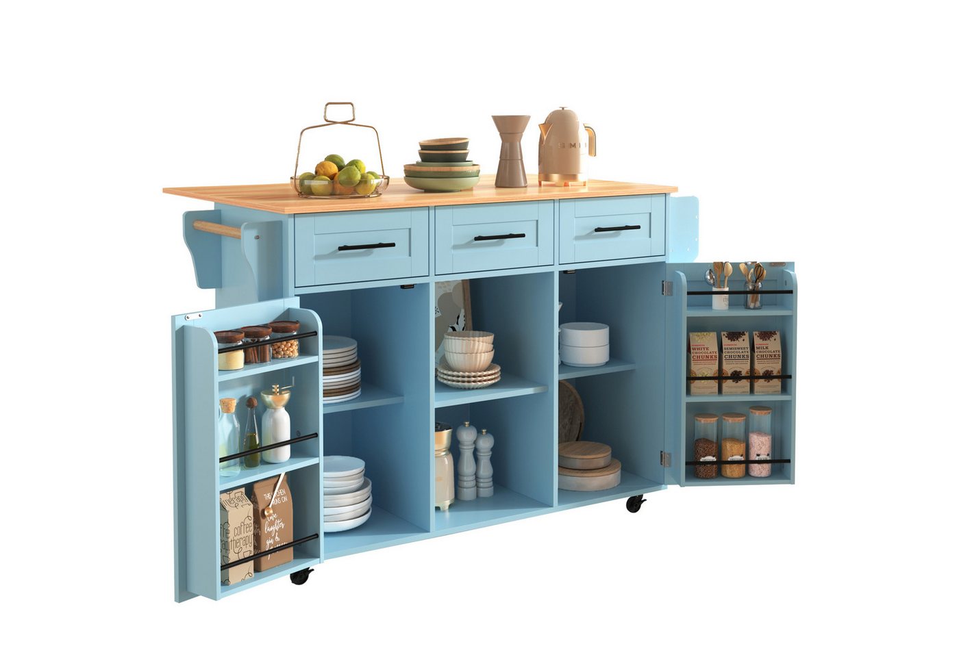 HAUSS SPOLE Kücheninsel Küchenwagen Buffetschrank mit Rollen,klappbare Arbeitsplatte, (Esszimmerwagen Anrichte 139x46(71)x91,5cm mit auswechselbare Massivholzfüße), mit Ausziehbare Arbeitsplatte,Massivholzbeine umschaltbar Bild 3