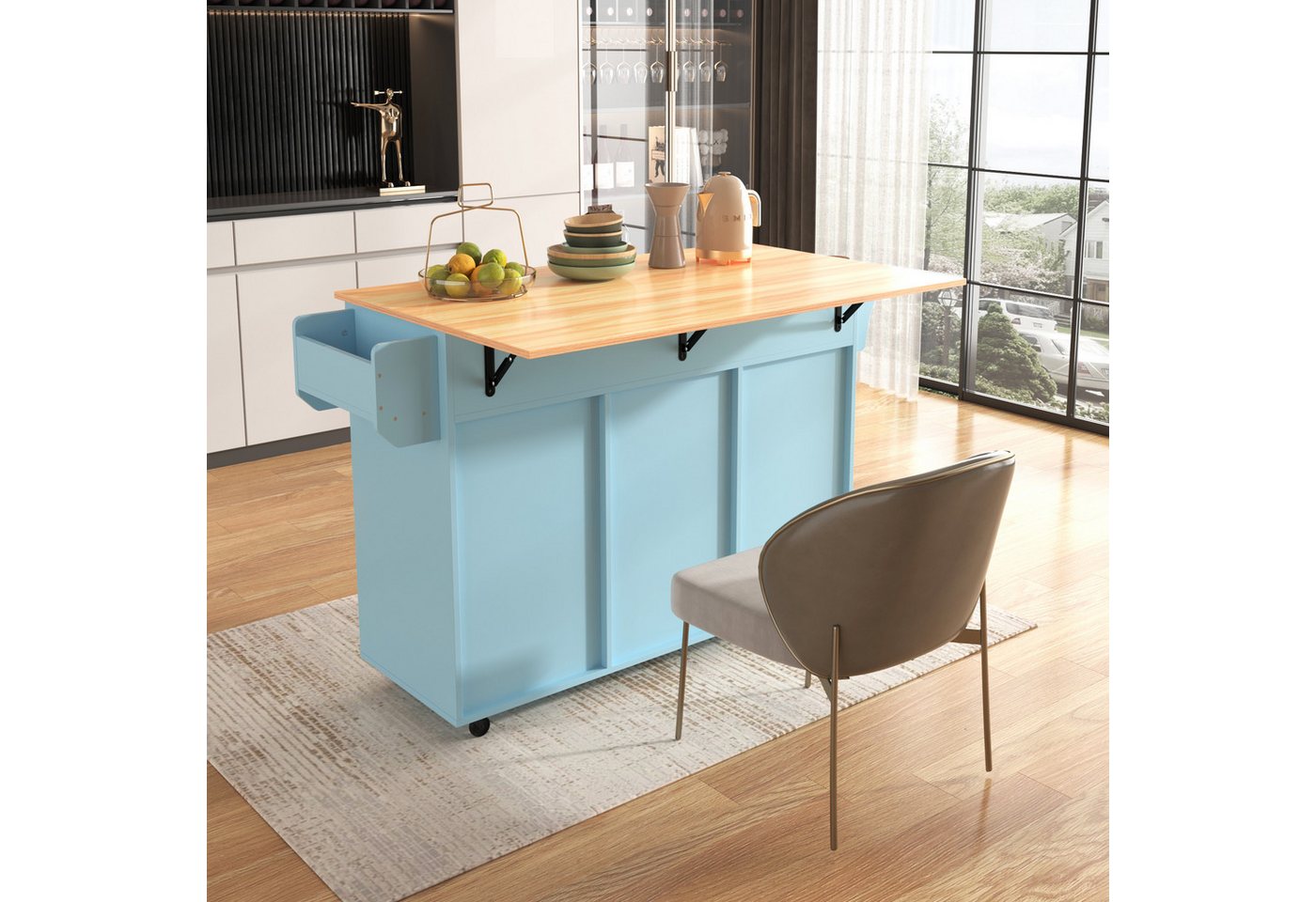 HAUSS SPOLE Kücheninsel Küchenwagen Buffetschrank mit Rollen,klappbare Arbeitsplatte, (Esszimmerwagen Anrichte 139x46(71)x91,5cm mit auswechselbare Massivholzfüße), mit Ausziehbare Arbeitsplatte,Massivholzbeine umschaltbar Bild 4