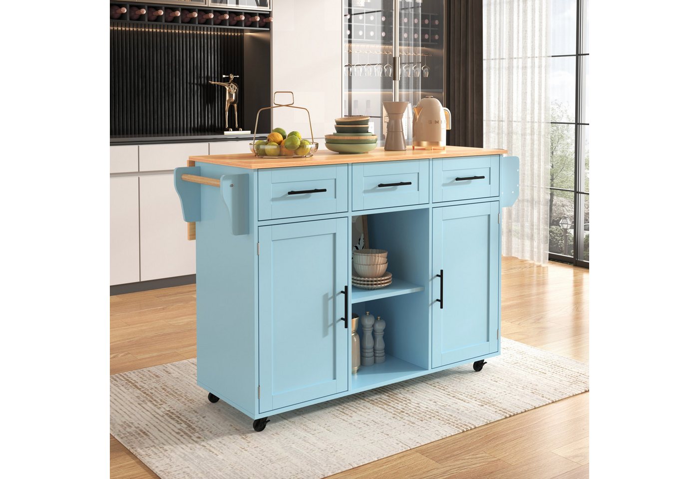 HAUSS SPOLE Kücheninsel Küchenwagen Buffetschrank mit Rollen,klappbare Arbeitsplatte, (Esszimmerwagen Anrichte 139x46(71)x91,5cm mit auswechselbare Massivholzfüße), mit Ausziehbare Arbeitsplatte,Massivholzbeine umschaltbar Bild 5