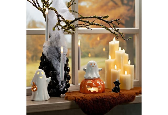 matches21 HOME & HOBBY Kerzenhalter Keramik Windlicht Geist & Kürbis, Weiß, Halloween Deko, 12 cm (1 St), Ideal für Halloween-Partys & Herbstdeko