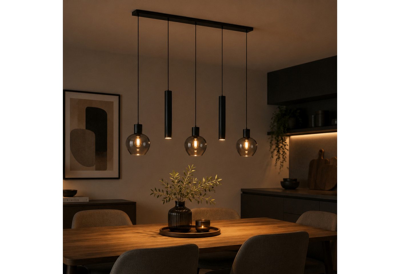 Lightbox Pendelleuchte, ohne Leuchtmittel, 123 x 150 cm, 3x E27 u. 2x GU10 Fassung, Aluminium Rauchglas, schwarz