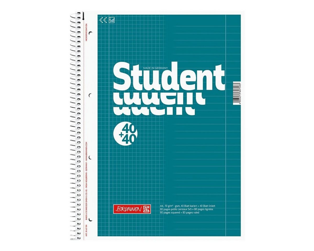 BRUNNEN Collegeblock Student Duo, A4 kariert und liniert, 80 Blatt, 4-fach Lochung, 70 g/m²