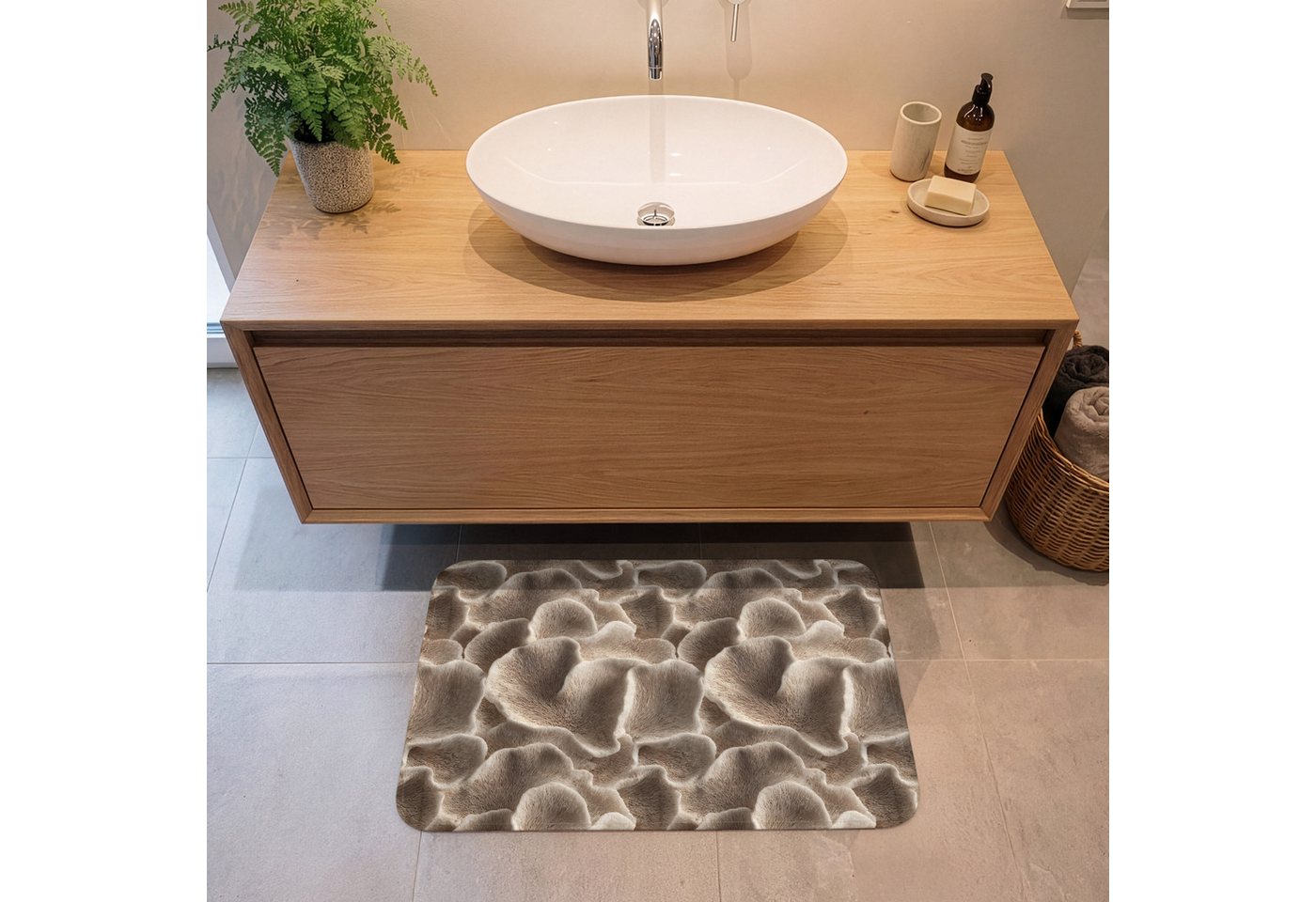 OnlyWow Badematte Fächerform - Beige - Faserstruktur, Höhe 10 mm, Polyester, Rechteckig, Badezimmerteppich, Badteppich, Rutschfest, Duschvorleger, Duschmatte