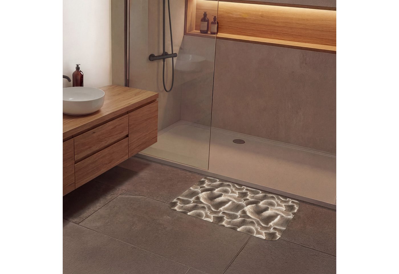 OnlyWow Badematte Fächerform - Beige - Faserstruktur, Höhe 10 mm, Polyester, Rechteckig, Badezimmerteppich, Badteppich, Rutschfest, Duschvorleger, Duschmatte Bild 2