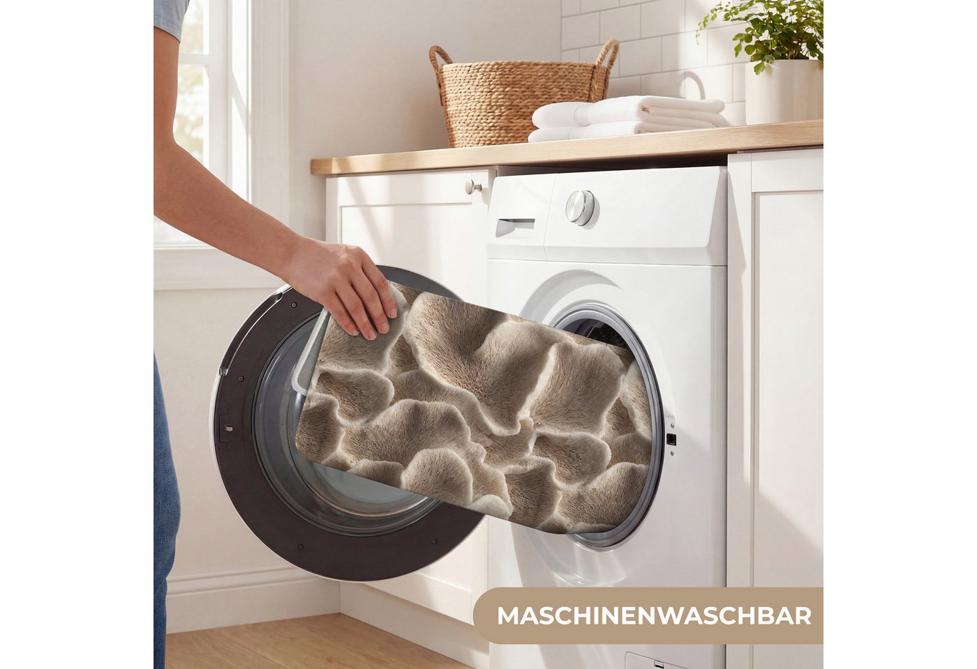 OnlyWow Badematte Fächerform - Beige - Faserstruktur, Höhe 10 mm, Polyester, Rechteckig, Badezimmerteppich, Badteppich, Rutschfest, Duschvorleger, Duschmatte Bild 3