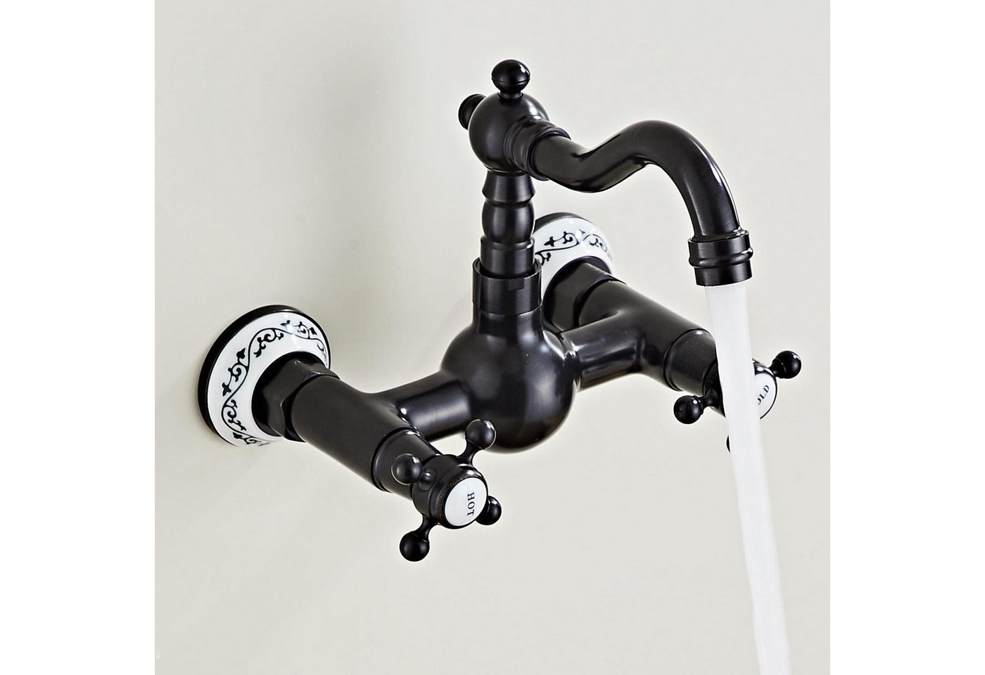 LuxusKollektion Küchenarmatur Küchenarmatur Wandmontage 2 Loch Messing Keramikkartusche Schwarz Bild 2