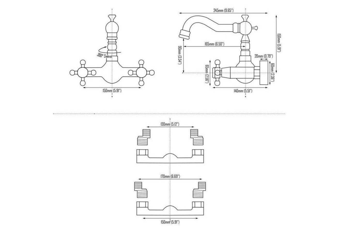LuxusKollektion Küchenarmatur Küchenarmatur Wandmontage 2 Loch Messing Keramikkartusche Schwarz Bild 3