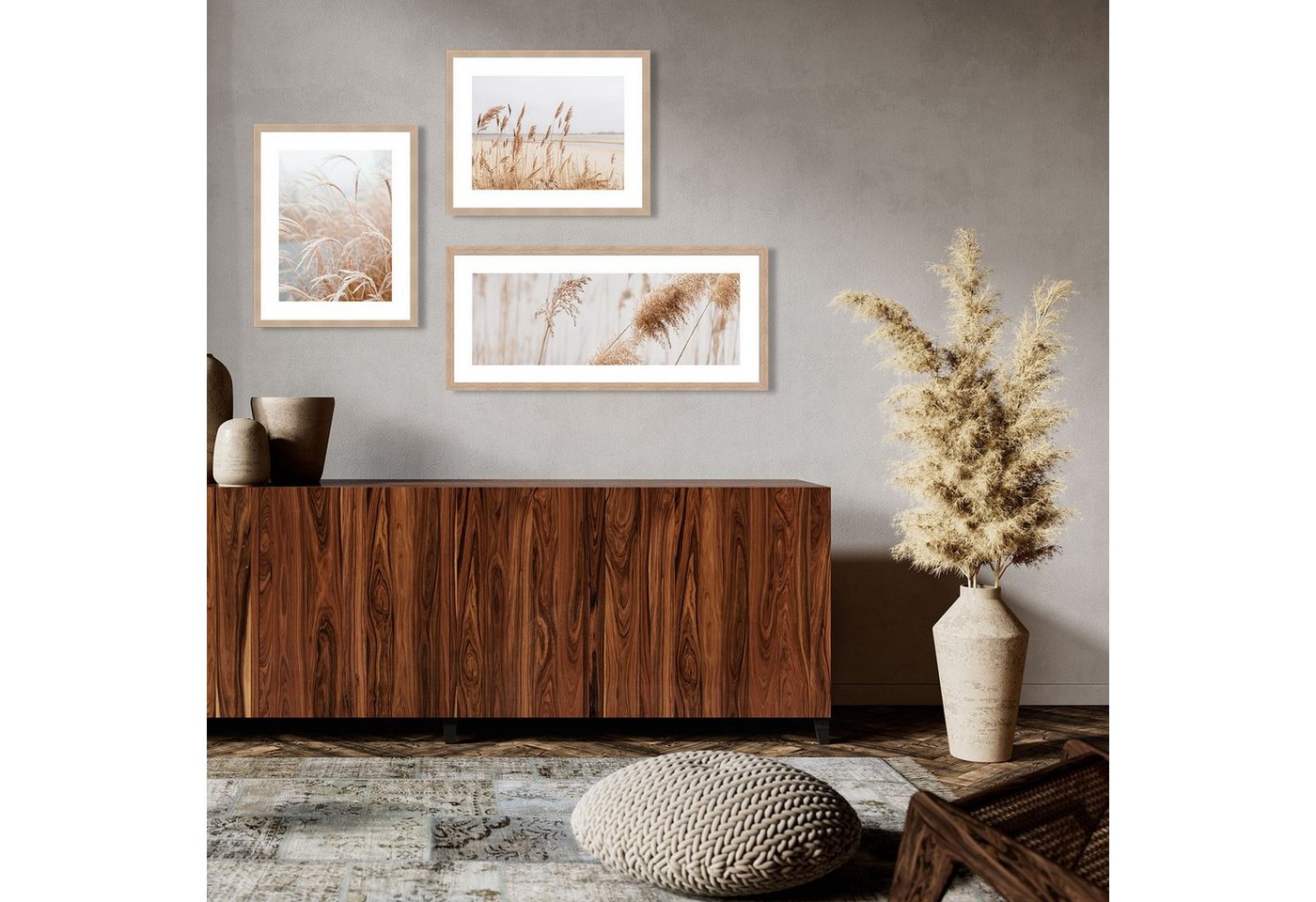 artissimo Bild mit Rahmen Gerahmtes Poster 70x30 cm / Wandbild modern / Wanddeko lang schmal, Natur und Gräser: Pampasgras in Beige Weiß