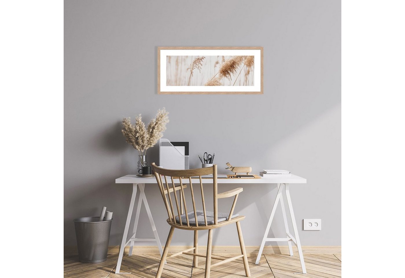 artissimo Bild mit Rahmen Gerahmtes Poster 70x30 cm / Wandbild modern / Wanddeko lang schmal, Natur und Gräser: Pampasgras in Beige Weiß Bild 2