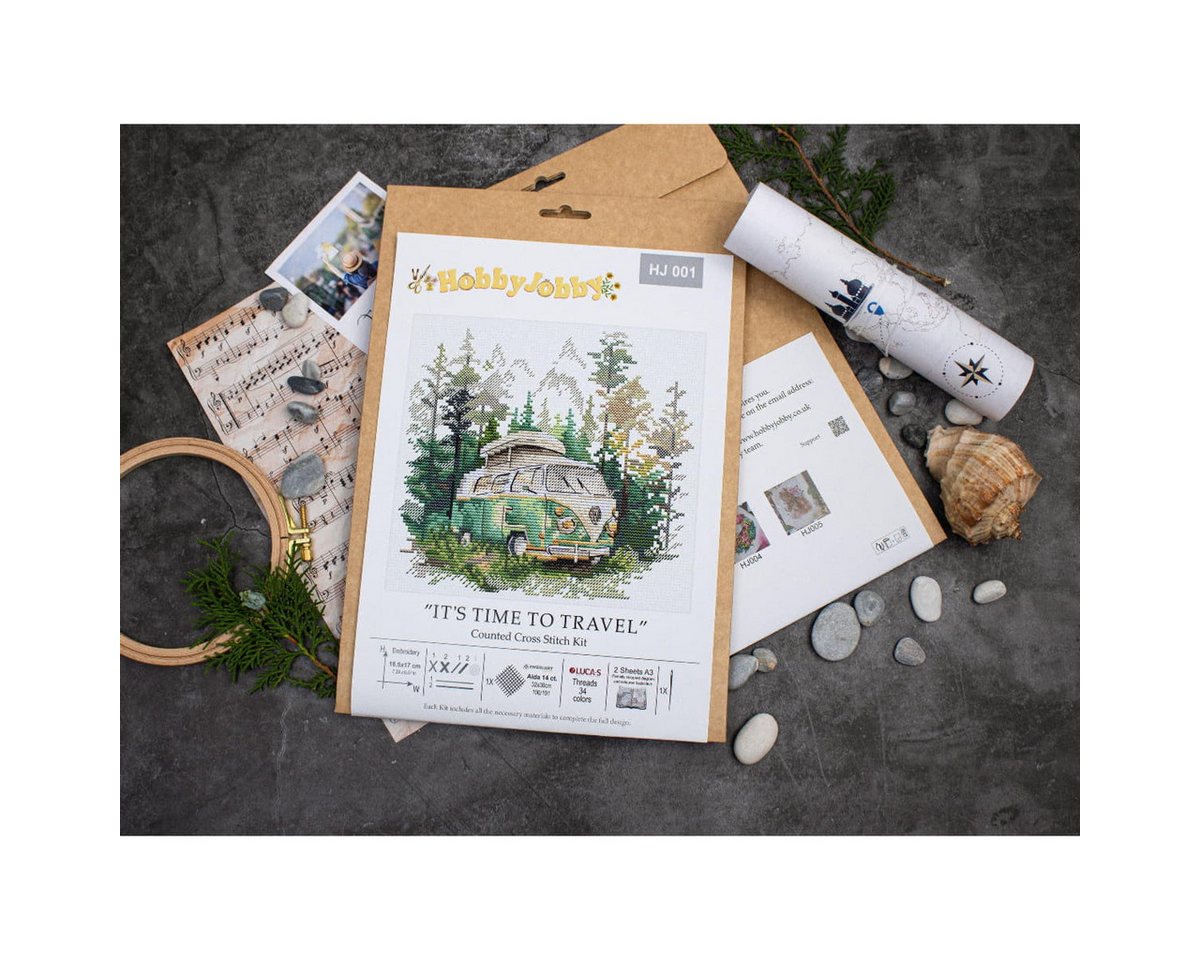 HobbyJobby Kreativset HobbyJobby Kreuzstich Stickpackung "Es ist Zeit zu reisen", Zählmus..., (embroidery kit by Marussia)