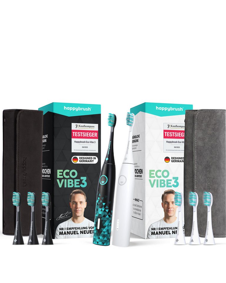 happybrush Schallzahnbürste Eco VIBE 3 Partnerset Black-Mint/AllWhite - 8 Wochen Power Akku, Aufsteckbürsten: 6 St., Eco Vibe 3 Bild 5