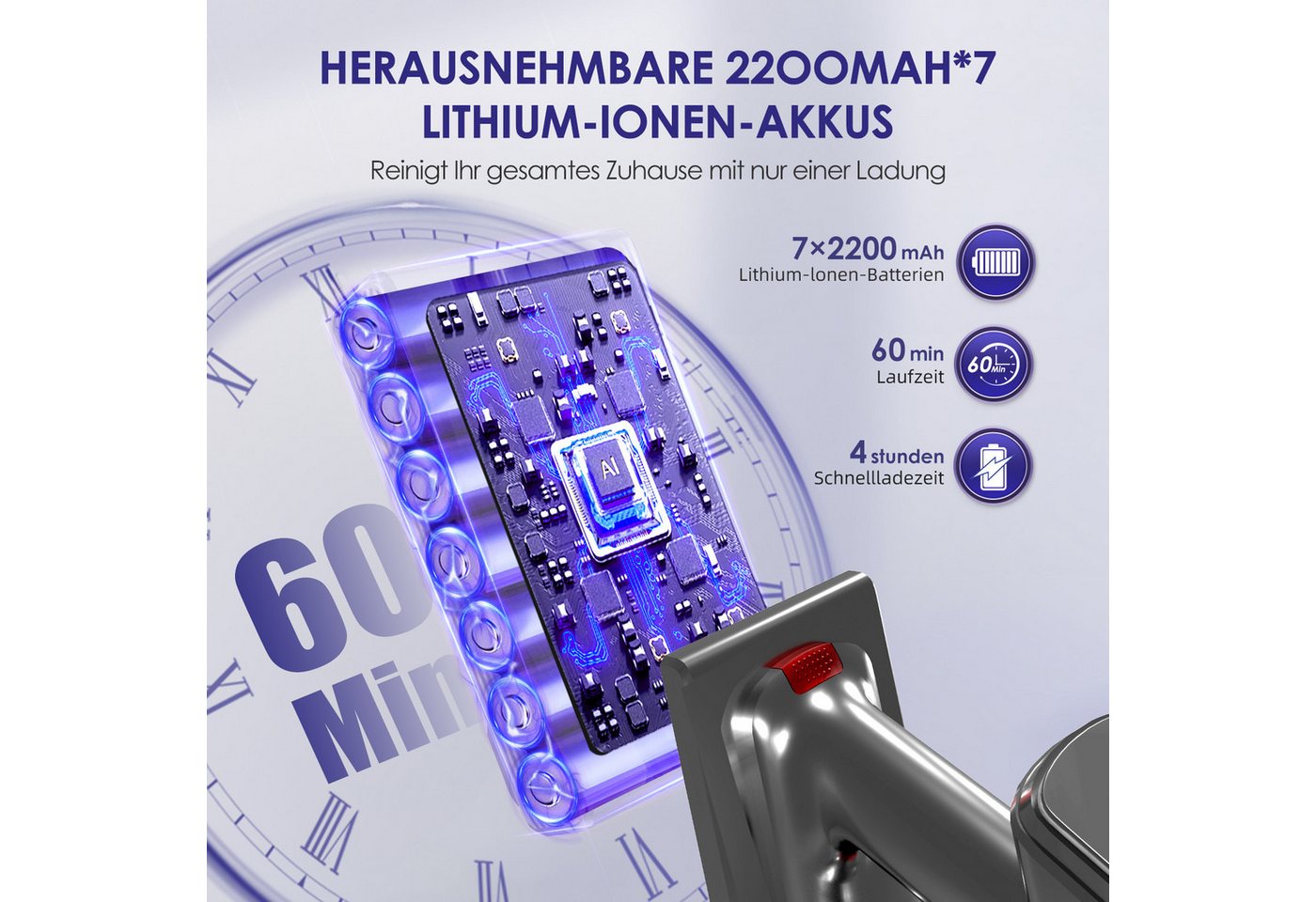 Hiazurm Akku-Hand-und Stielstaubsauger Akku Staubsauger,65000Pa/1.8L/60min 8 in 1 Staubsauger Kabellos, beutellos, Mit LED Display,2 Saugstufen,Akkusauger,Für Böden,Teppich,Tierhaare Bild 2