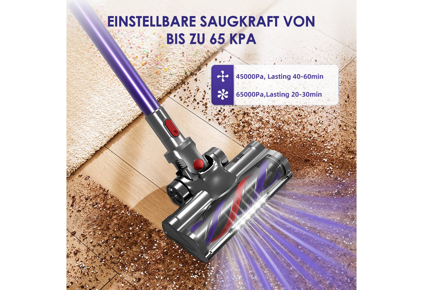Hiazurm Akku-Hand-und Stielstaubsauger Akku Staubsauger,65000Pa/1.8L/60min 8 in 1 Staubsauger Kabellos, beutellos, Mit LED Display,2 Saugstufen,Akkusauger,Für Böden,Teppich,Tierhaare Bild 3