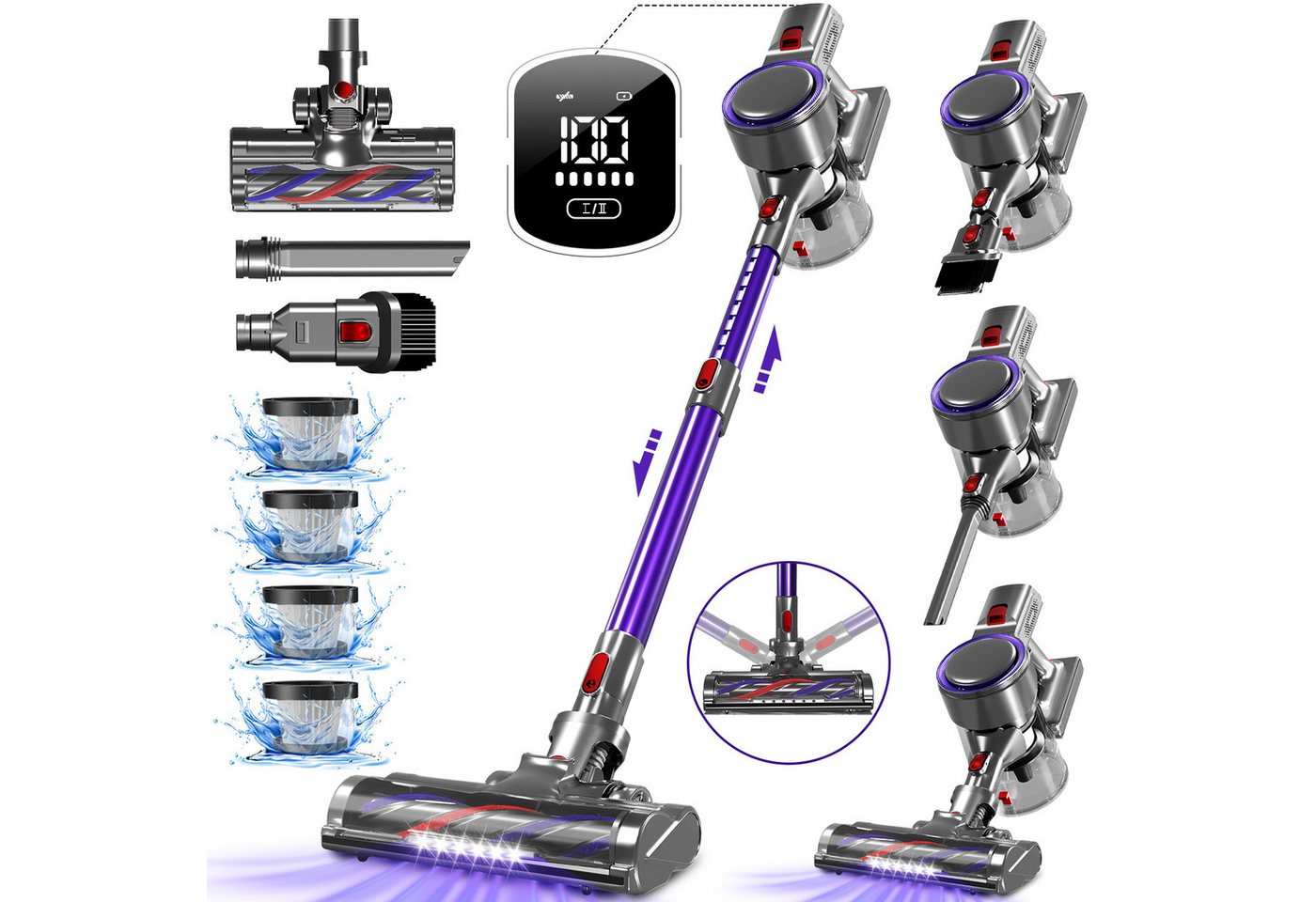 Hiazurm Akku-Hand-und Stielstaubsauger Akku Staubsauger,65000Pa/1.8L/60min 8 in 1 Staubsauger Kabellos, beutellos, Mit LED Display,2 Saugstufen,Akkusauger,Für Böden,Teppich,Tierhaare Bild 4