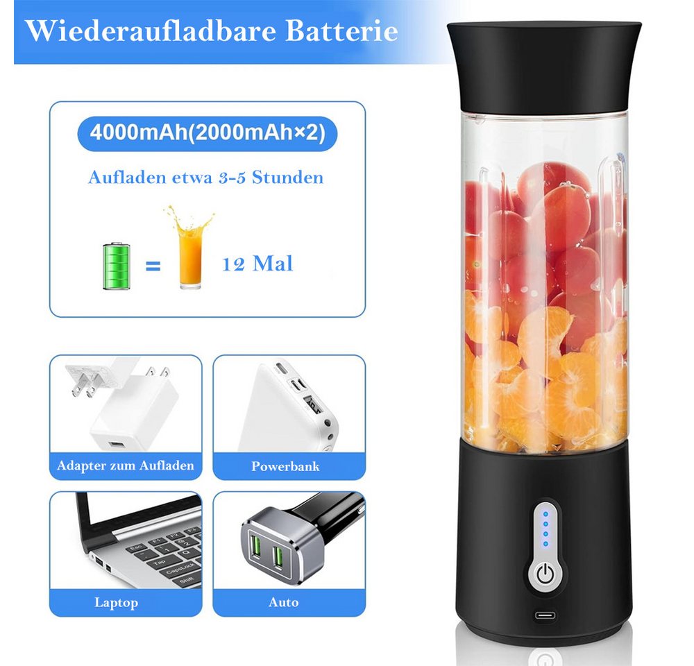 TUWENA Akku-Smoothie-Maker Tragbarer Mixer,500ml Smoothie Mixer Klein Mini Mixer Standmixer Klein, 6 Klingen, USB Aufladung Blender für Shake Milchshake Saft Babynahrung