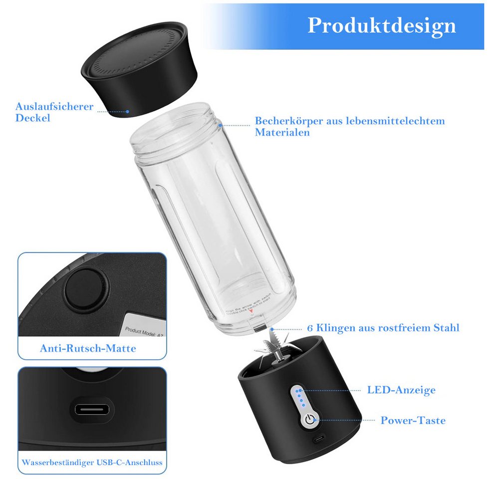 TUWENA Akku-Smoothie-Maker Tragbarer Mixer,500ml Smoothie Mixer Klein Mini Mixer Standmixer Klein, 6 Klingen, USB Aufladung Blender für Shake Milchshake Saft Babynahrung Bild 2