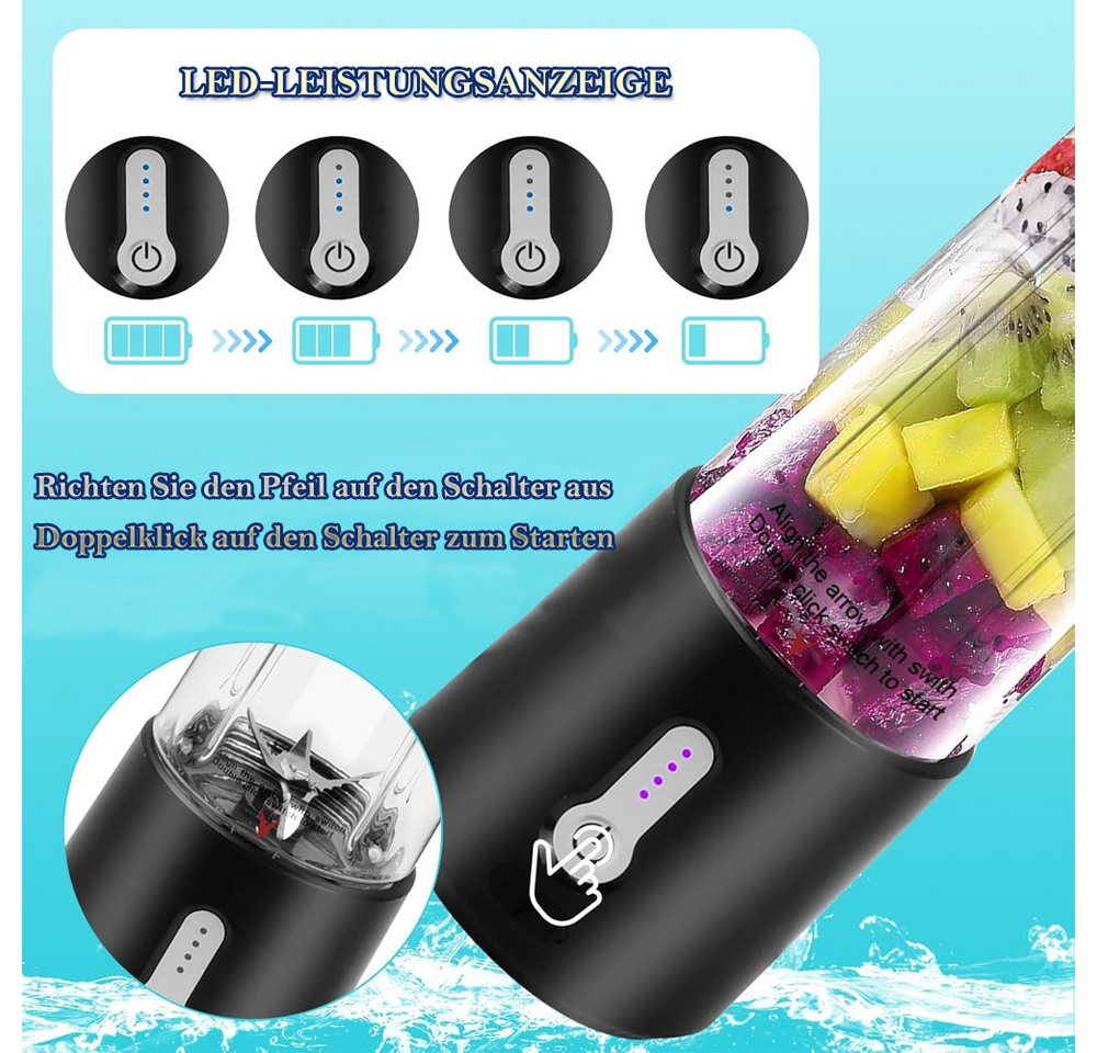 TUWENA Akku-Smoothie-Maker Tragbarer Mixer,500ml Smoothie Mixer Klein Mini Mixer Standmixer Klein, 6 Klingen, USB Aufladung Blender für Shake Milchshake Saft Babynahrung Bild 3