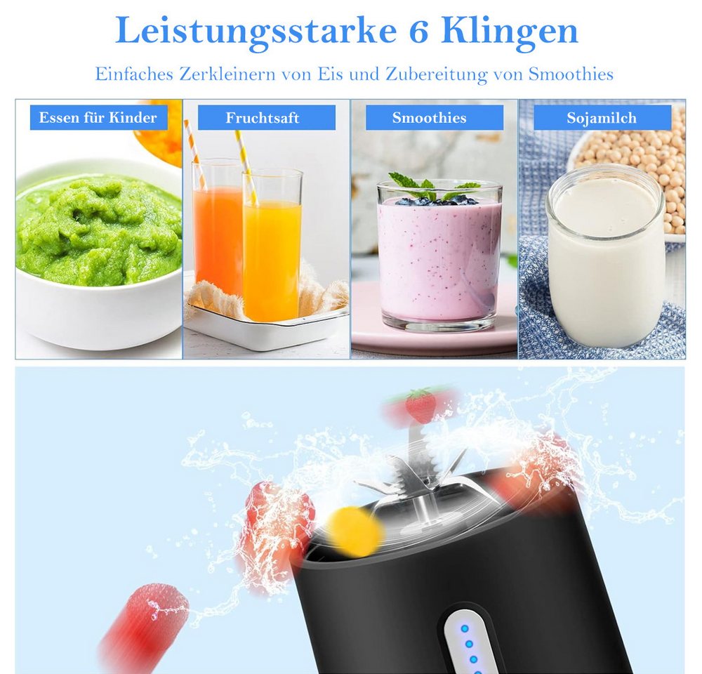 TUWENA Akku-Smoothie-Maker Tragbarer Mixer,500ml Smoothie Mixer Klein Mini Mixer Standmixer Klein, 6 Klingen, USB Aufladung Blender für Shake Milchshake Saft Babynahrung Bild 5
