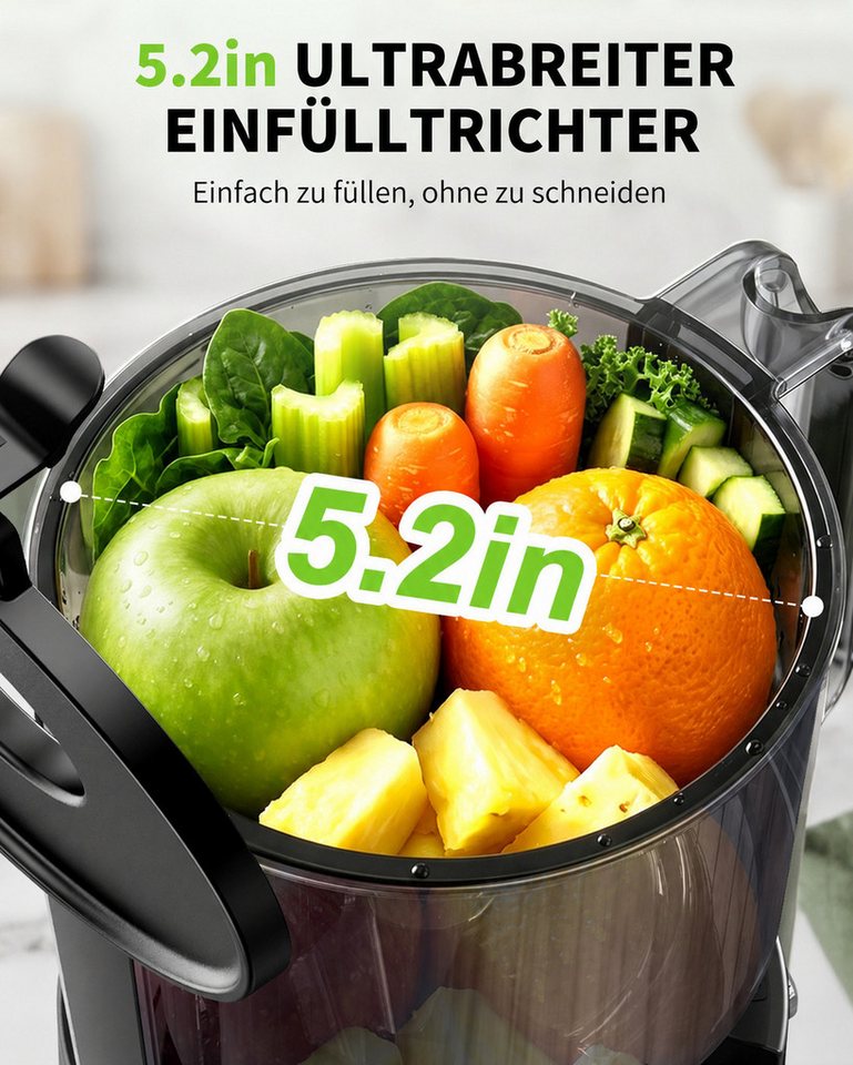 Luckice Slow Juicer Entsafter mit 140-mm-Einfüllöffnung,hoher Saftausbeute,REV-Funktion, 400 W, BPA-frei, spülmaschinengeeignet, inkl. 2 Behältern
