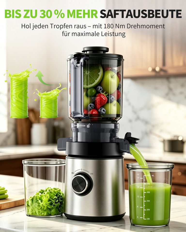 Luckice Slow Juicer Entsafter mit 140-mm-Einfüllöffnung,hoher Saftausbeute,REV-Funktion, 400 W, BPA-frei, spülmaschinengeeignet, inkl. 2 Behältern Bild 2