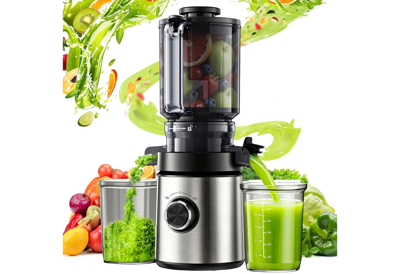 Luckice Slow Juicer Entsafter mit 140-mm-Einfüllöffnung,hoher Saftausbeute,REV-Funktion, 400 W, BPA-frei, spülmaschinengeeignet, inkl. 2 Behältern Bild 3