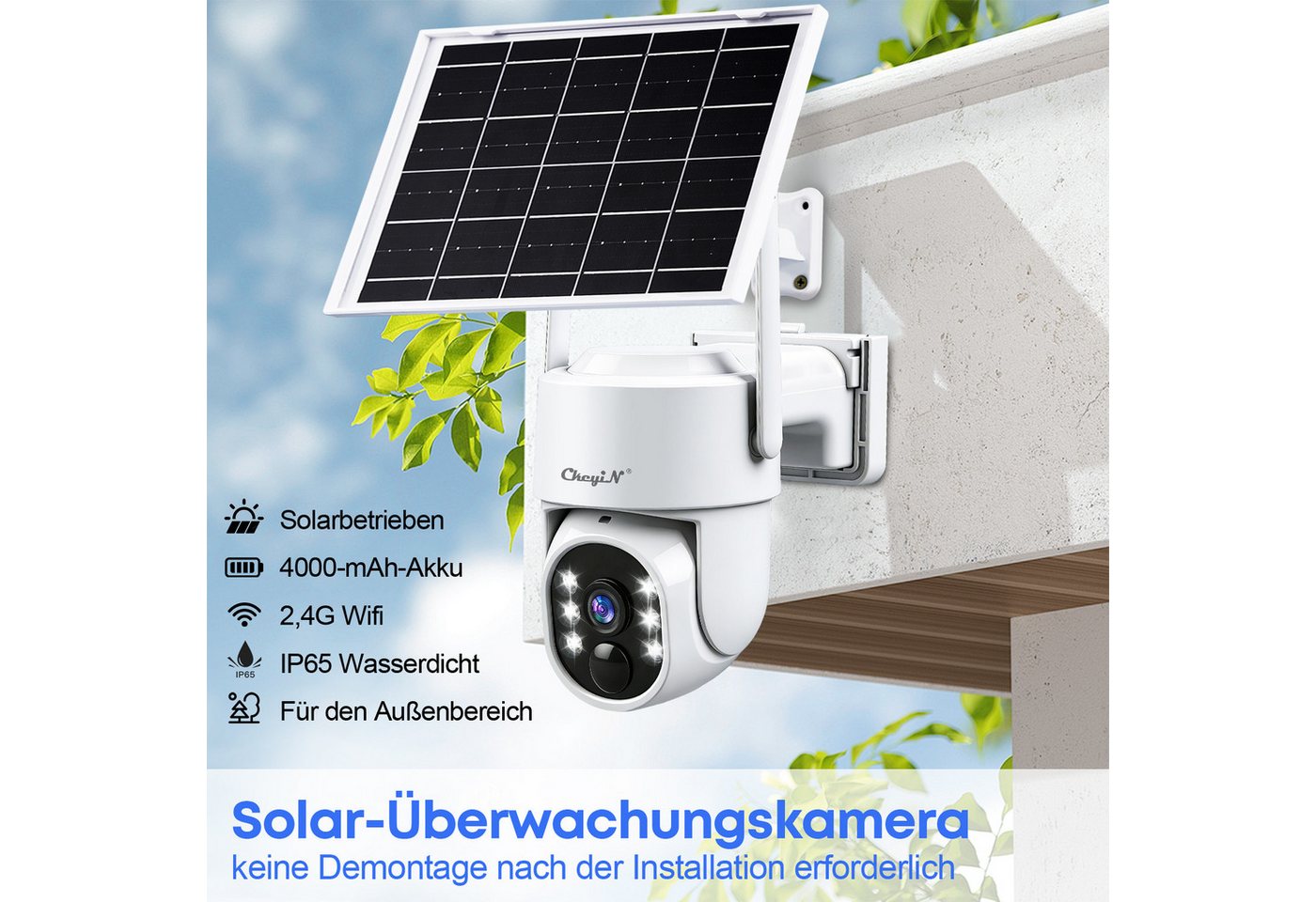 CkeyiN Überwachungskamera außen 360° Solar PTZ Überwachungskamera, 2,4G‑WLAN, 4MP (2K QHD) (Außenbereich, Solarenergieüberwachung, Farbnachtsicht PIR‑Bewegungserkennung 2-Wege-Audio IP65 Wasserdicht) Bild 4