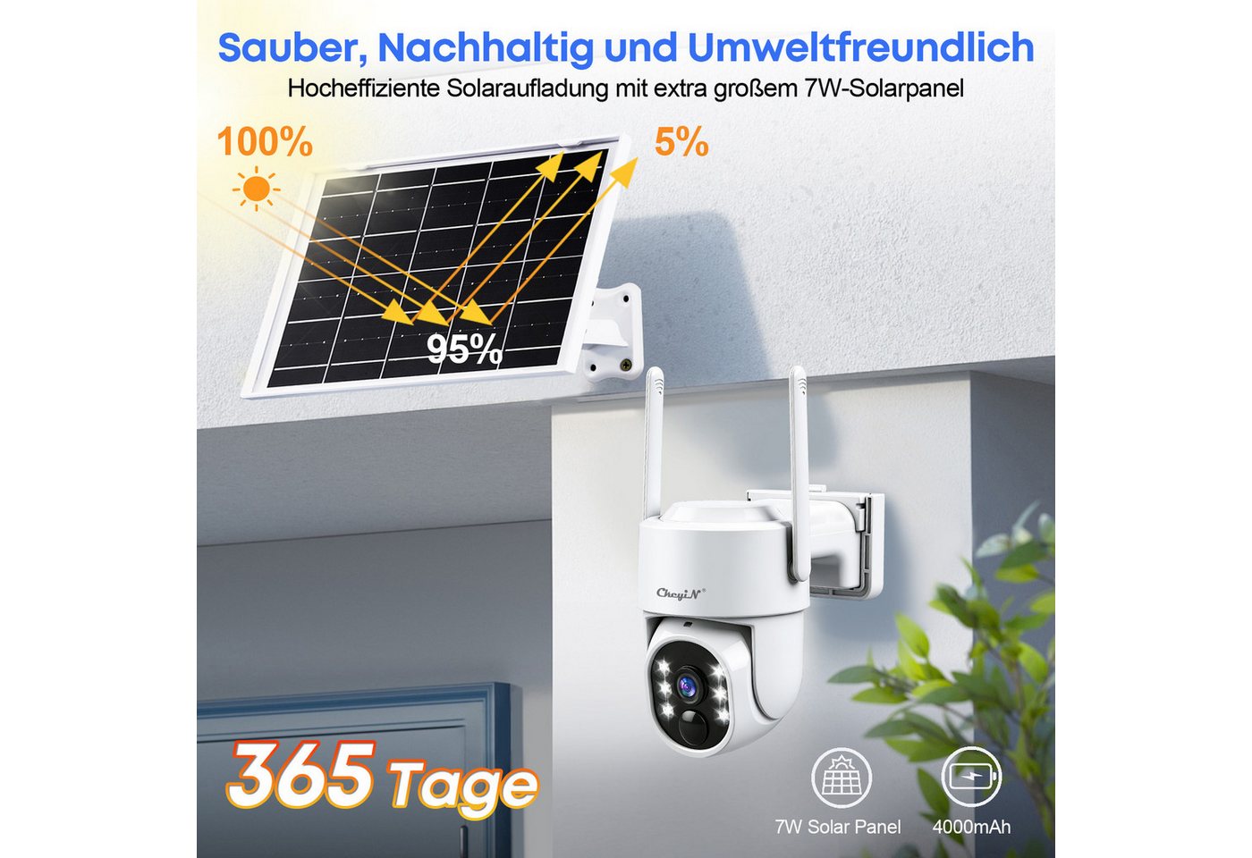 CkeyiN Überwachungskamera außen 360° Solar PTZ Überwachungskamera, 2,4G‑WLAN, 4MP (2K QHD) (Außenbereich, Solarenergieüberwachung, Farbnachtsicht PIR‑Bewegungserkennung 2-Wege-Audio IP65 Wasserdicht) Bild 5