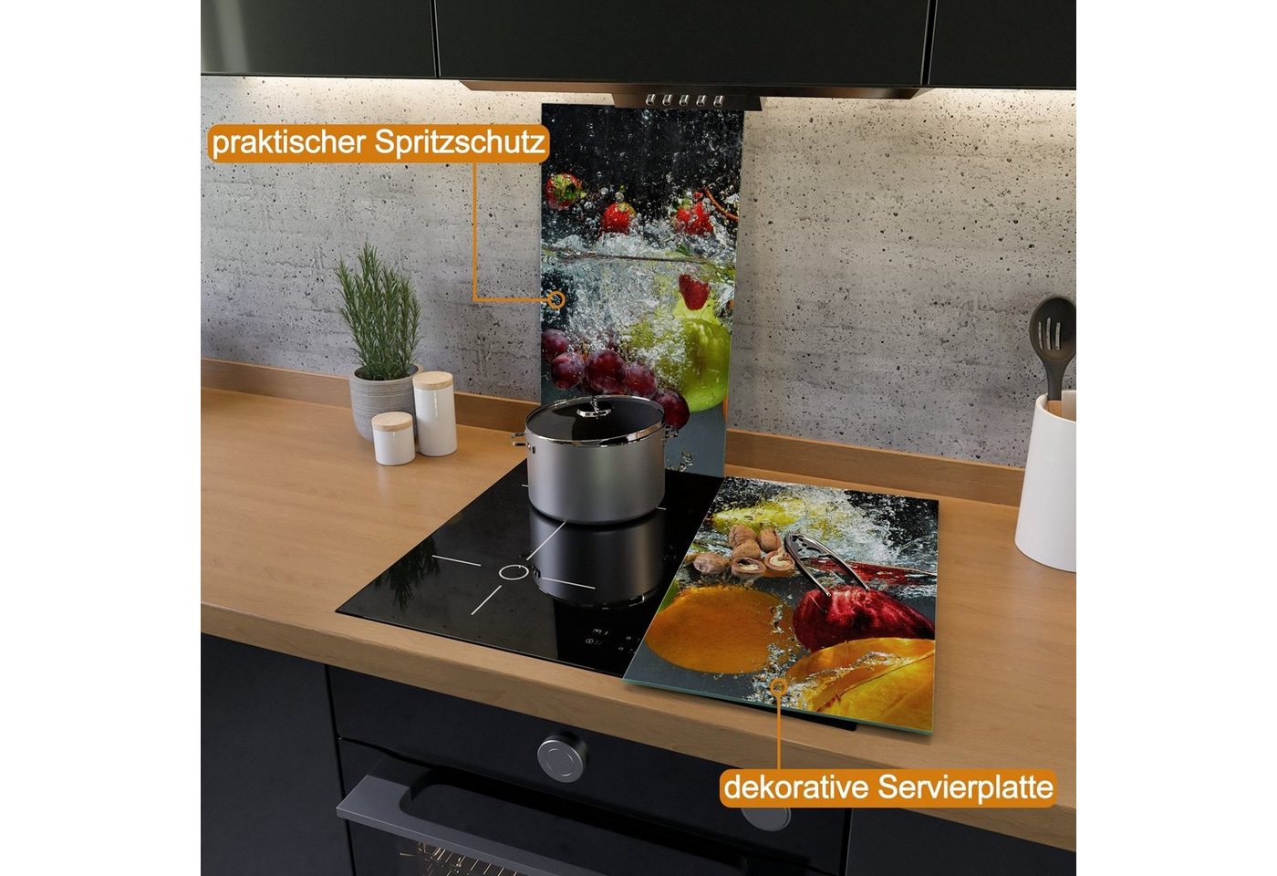 Wallario Herd-Abdeckplatte Früchte im und unter Wasser - Splashing Fruits, ESG-Sicherheitsglas, (Glasplatte, 2 tlg., inkl. 5mm Noppen), verschiedene Größen Bild 3