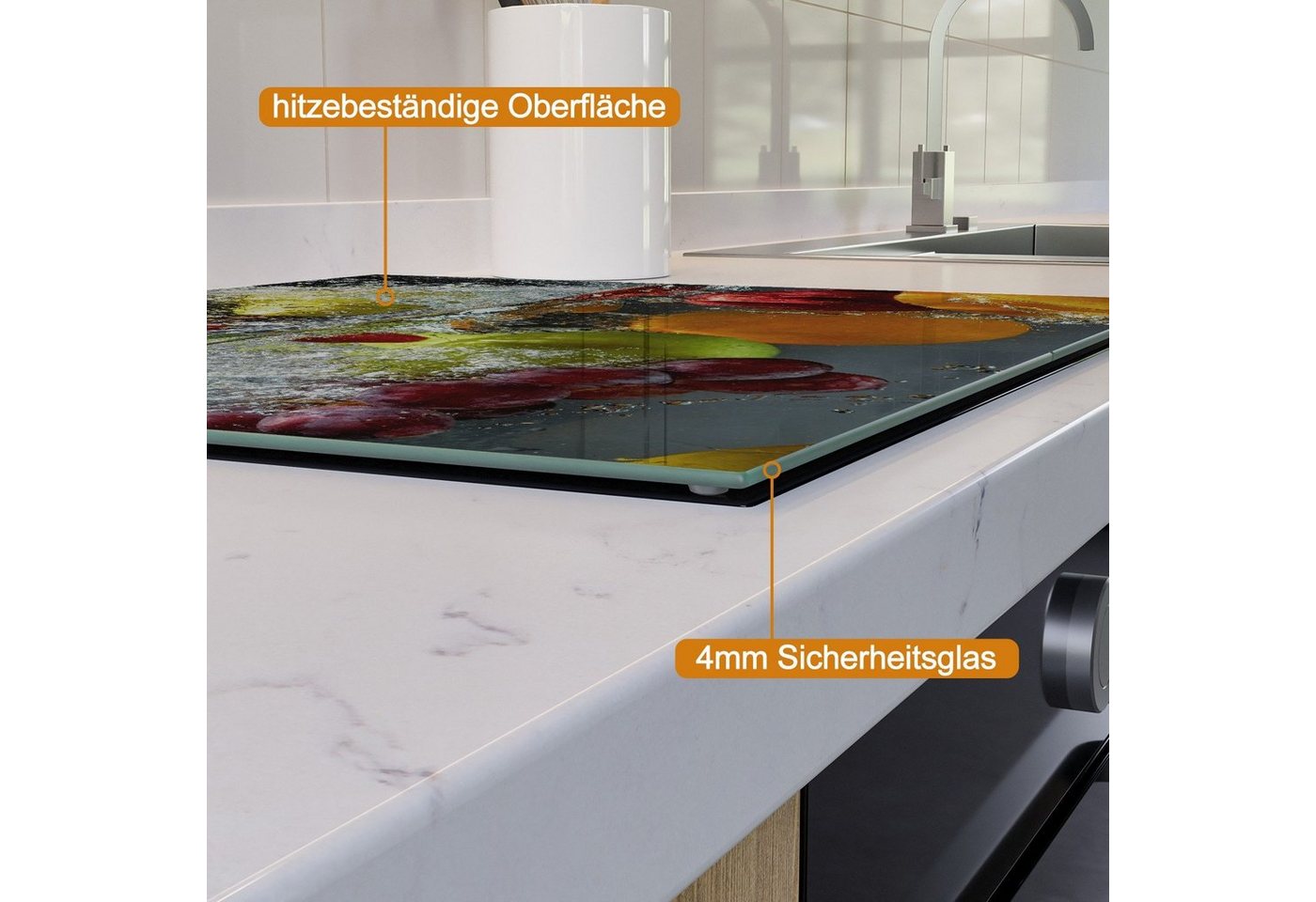 Wallario Herd-Abdeckplatte Früchte im und unter Wasser - Splashing Fruits, ESG-Sicherheitsglas, (Glasplatte, 2 tlg., inkl. 5mm Noppen), verschiedene Größen Bild 4