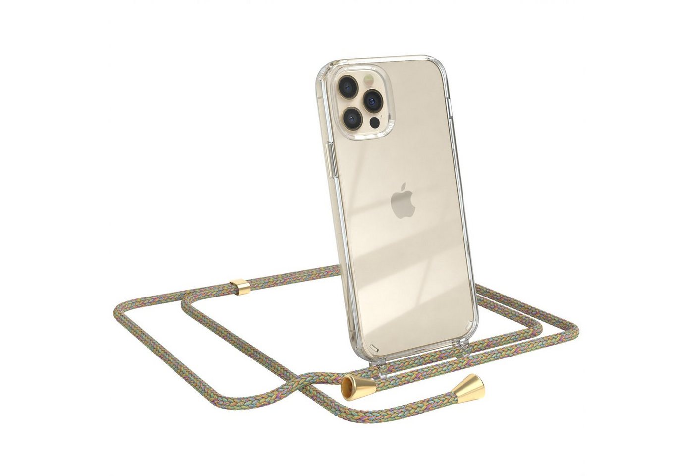 EAZY CASE Handykette Hülle mit Kette für Apple iPhone 12 / 12 Pro 6,1 Zoll, Ketten Hülle Schultergurt Schutz Hülle Tasche mit Band Bunt Clip Gold