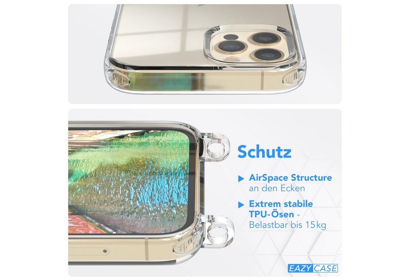 EAZY CASE Handykette Hülle mit Kette für Apple iPhone 12 / 12 Pro 6,1 Zoll, Ketten Hülle Schultergurt Schutz Hülle Tasche mit Band Bunt Clip Gold Bild 5