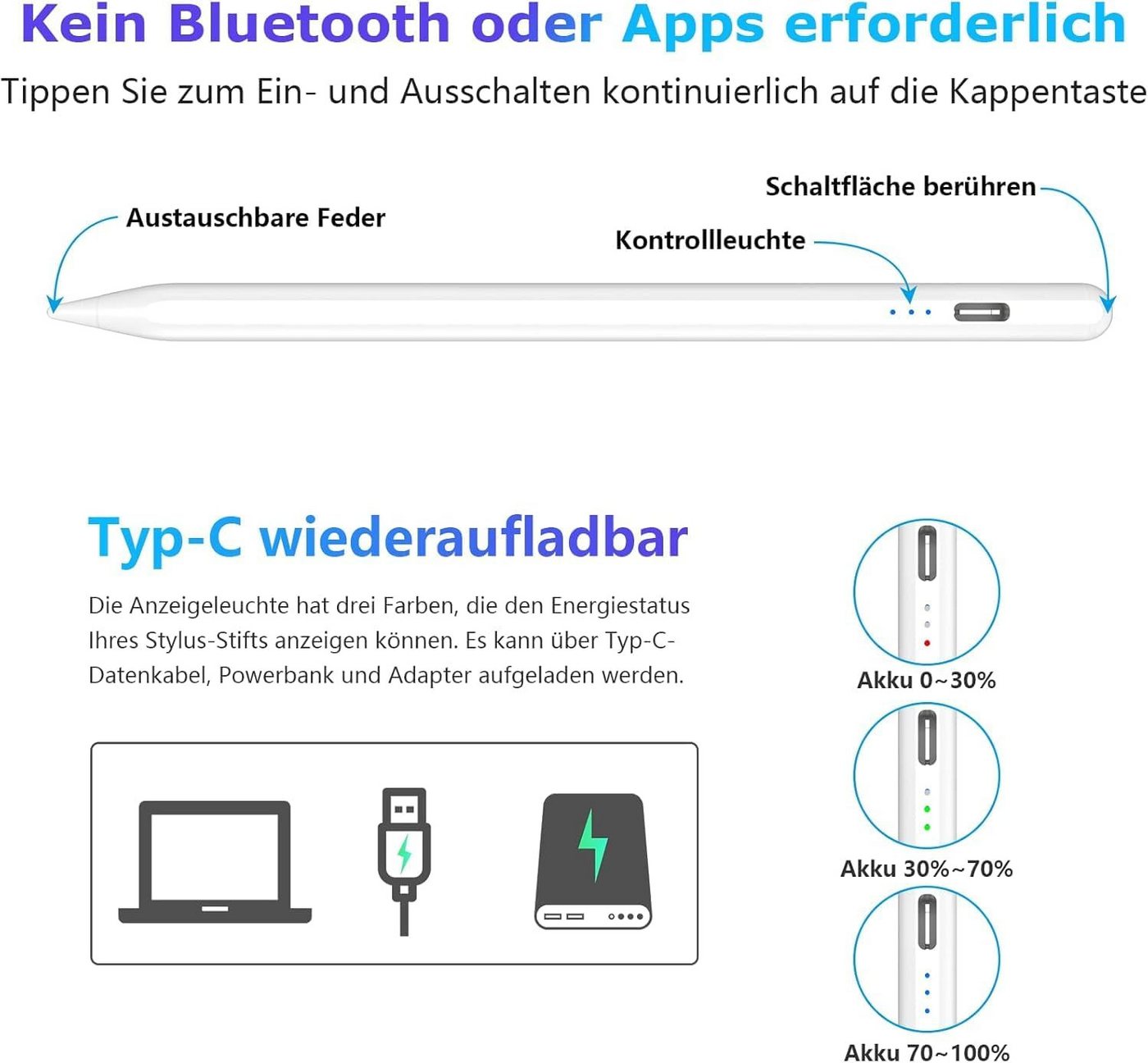 Fyrove Eingabestift Stylus Pen für Touchscreen, Android, Aktiver Universal Stylus Stift (Tabletstift Stylus Pencil USB-C Schnellladen Palm Rejection) mit Neigungserkennung & Palm-Ablehnung & Hohe Präzision Bild 4