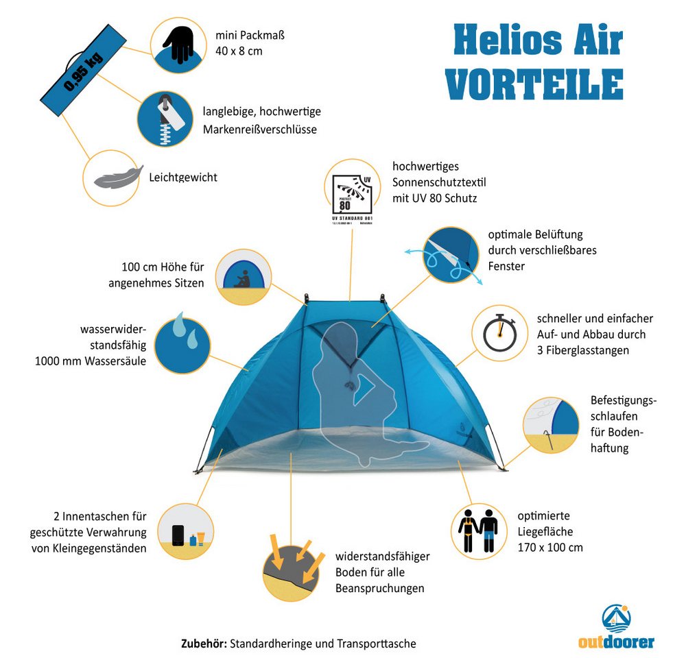 outdoorer Strandmuschel Helios Air blau - ultraleichtes Strandzelt für Reisen, Strand & Garten, Personen: 2, UV 80-Sonnenschutz, Windschutz, verschließbares Fenster, leicht Bild 5