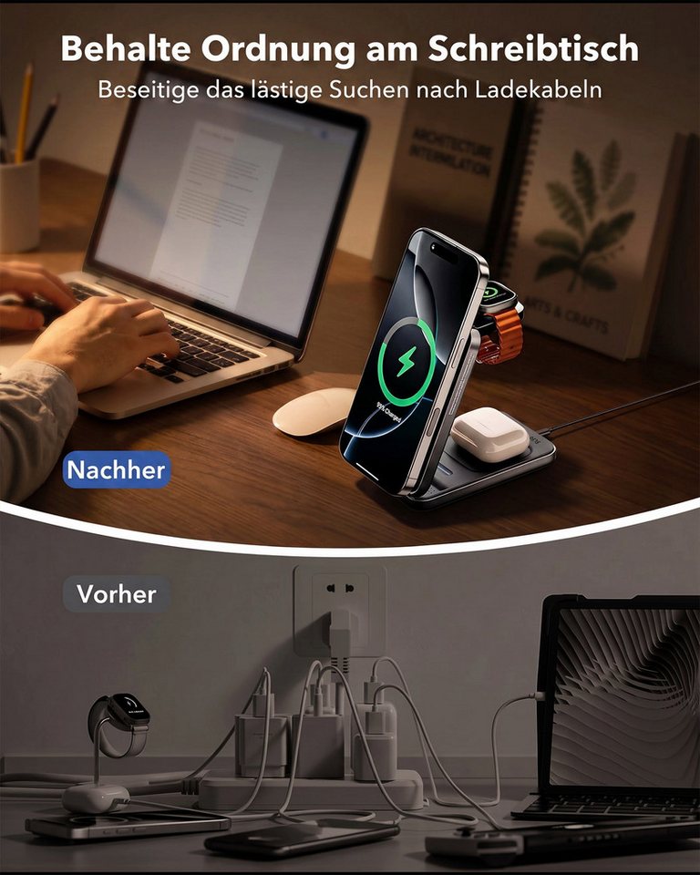 GreenHec Ladestation 3in1 MagSafe iPhone Apple Watch Ladegerät Faltbar Wireless Charger (0 mA, Spar-Set, Wireless Charging Station + Kabel, 15W, Handy Charging Station Airpods Qi2, iPhone 17 16 15 14 13 12)