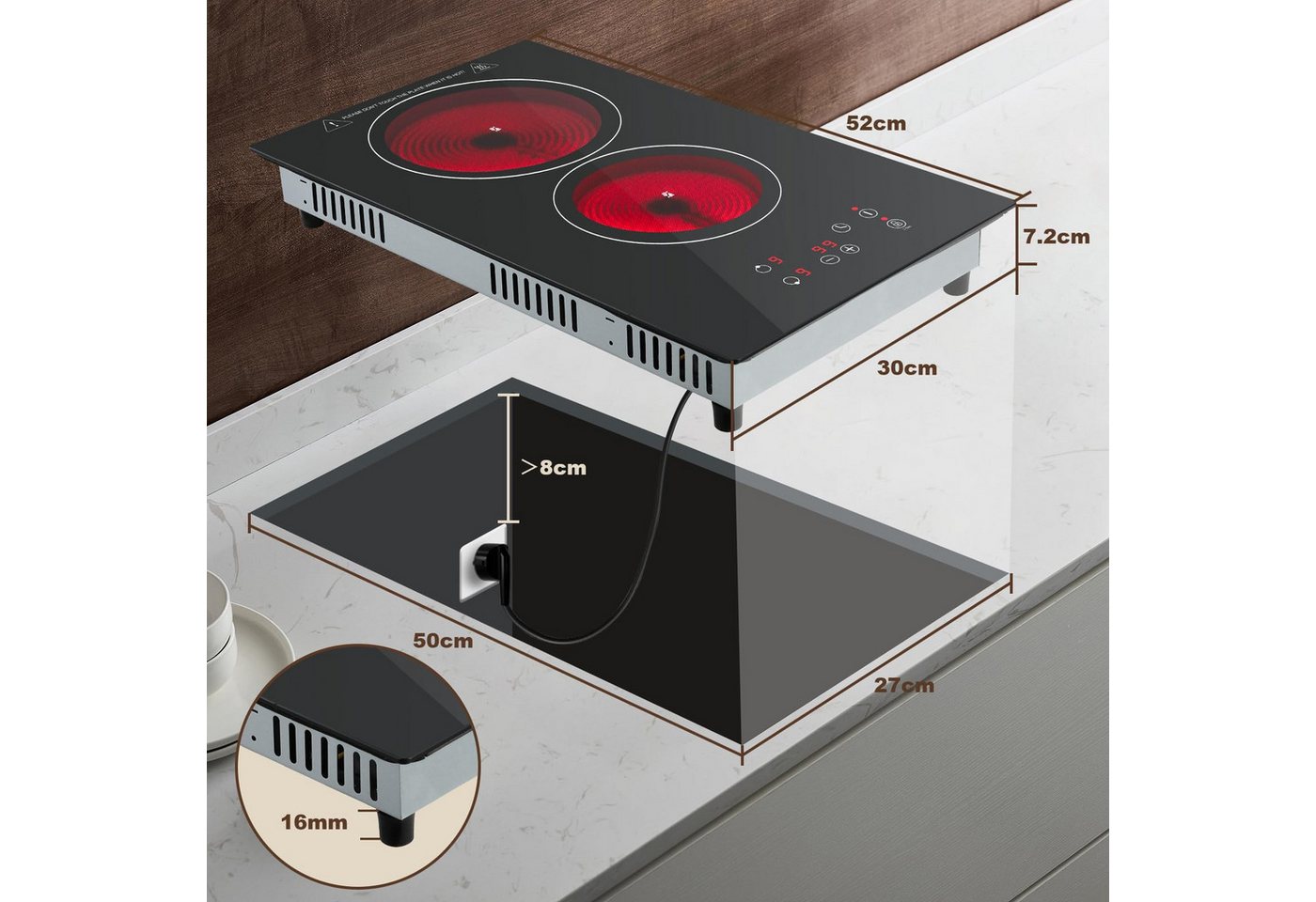 SNDOAS Elektro-Kochfeld, Glaskeramikkochfeld 2 Platten 3000W Einbau‑Kochfeld mit Stecker Bild 4
