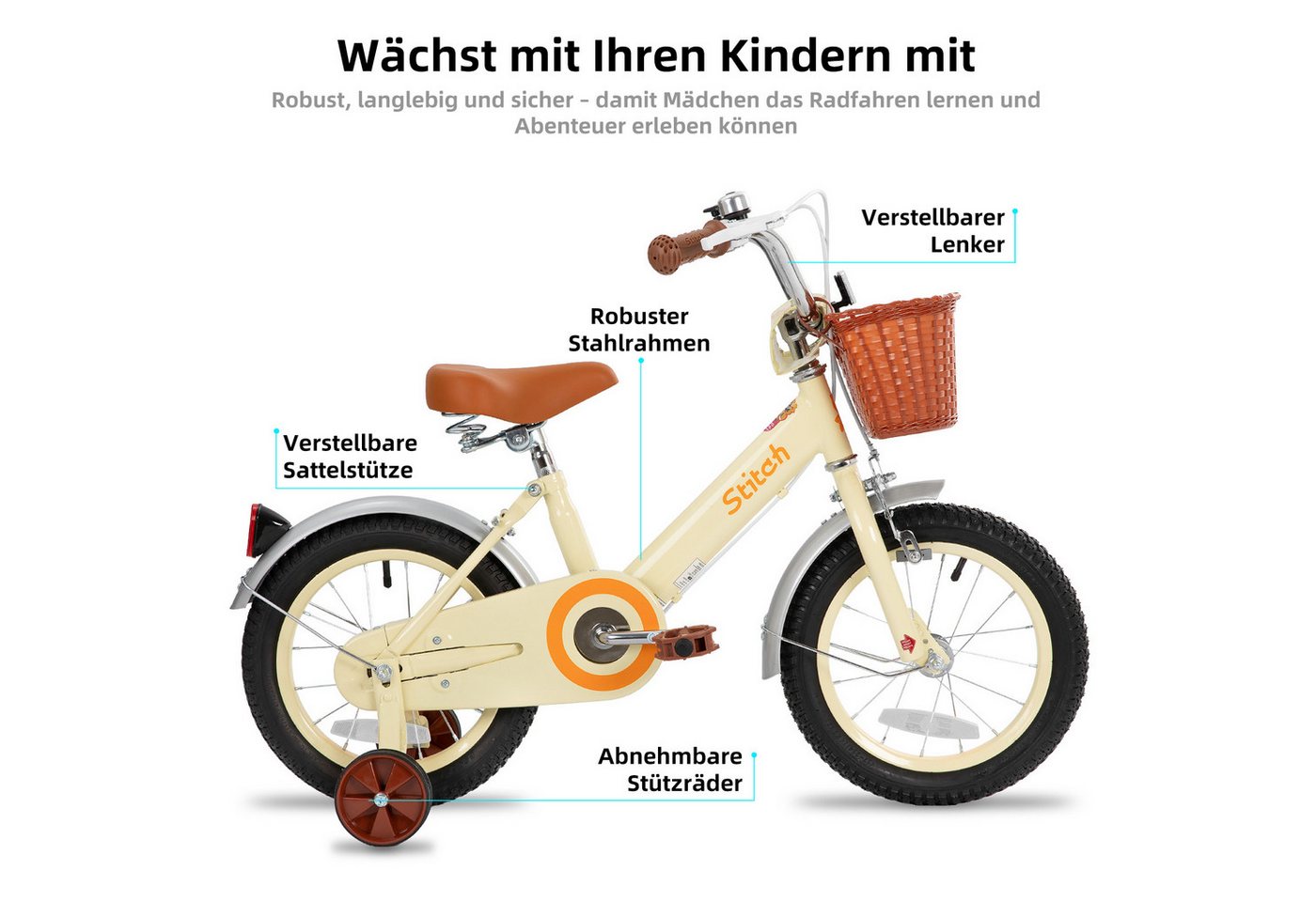 JOYSTAR Kinderfahrrad Vintage 12 14 16 18 Zoll Kinderfahrrad für 2-9 jährige Mädchen, mit Stützrädern, Kotflügel, Korb, Fahrradklingel, Reflektorplatte Bild 5