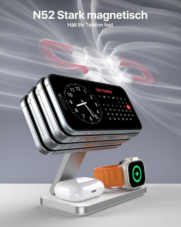 AIBISTAR 3 in 1 Ladestation für Apple Watch iPhone, MagSafe kompatibel, Faltbar Induktions-Ladegerät (3000 mA, Wireless Charger,für iPhone 12-16,Apple Watch Series 1-10) Bild 3