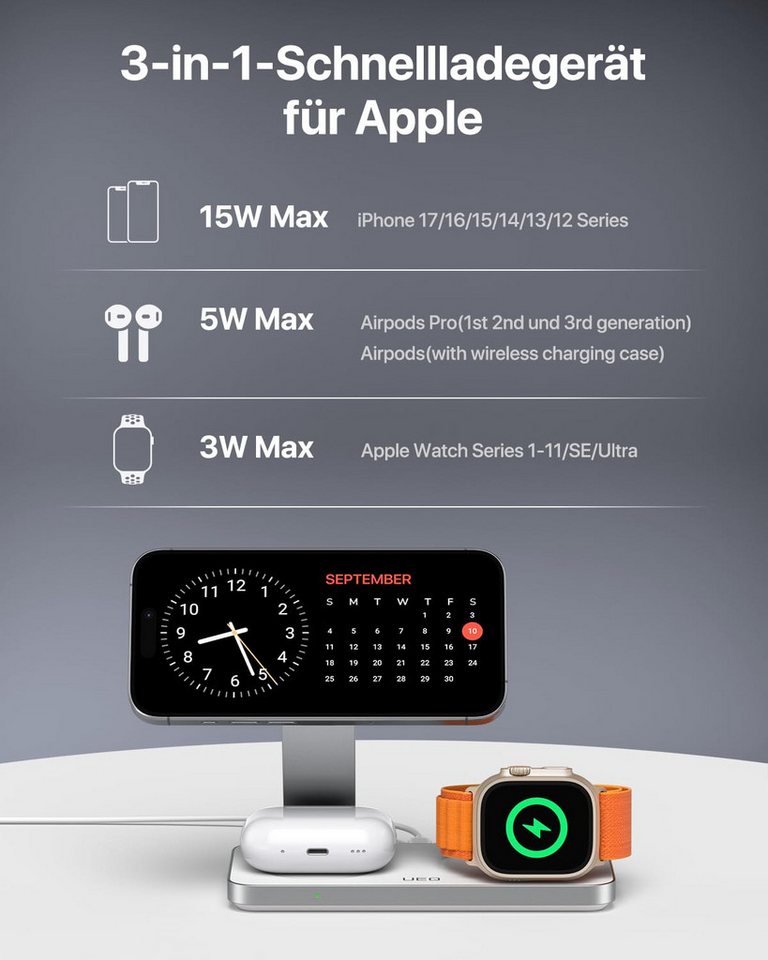 AIBISTAR 3 in 1 Ladestation für Apple Watch iPhone, MagSafe kompatibel, Faltbar Induktions-Ladegerät (3000 mA, Wireless Charger,für iPhone 12-16,Apple Watch Series 1-10) Bild 4