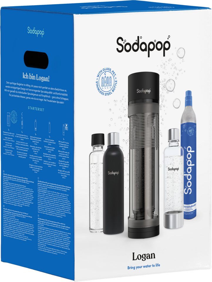 Sodapop Wassersprudler Logan mit Glas-, PET- & Edelstahlflasche - CO²-Zylinder enthalten, (Starterset, Komplettset inklusive 3 Flaschen sowie CO₂-Zylinder), 3 verschiedene Flaschenarten inklusive Bild 2