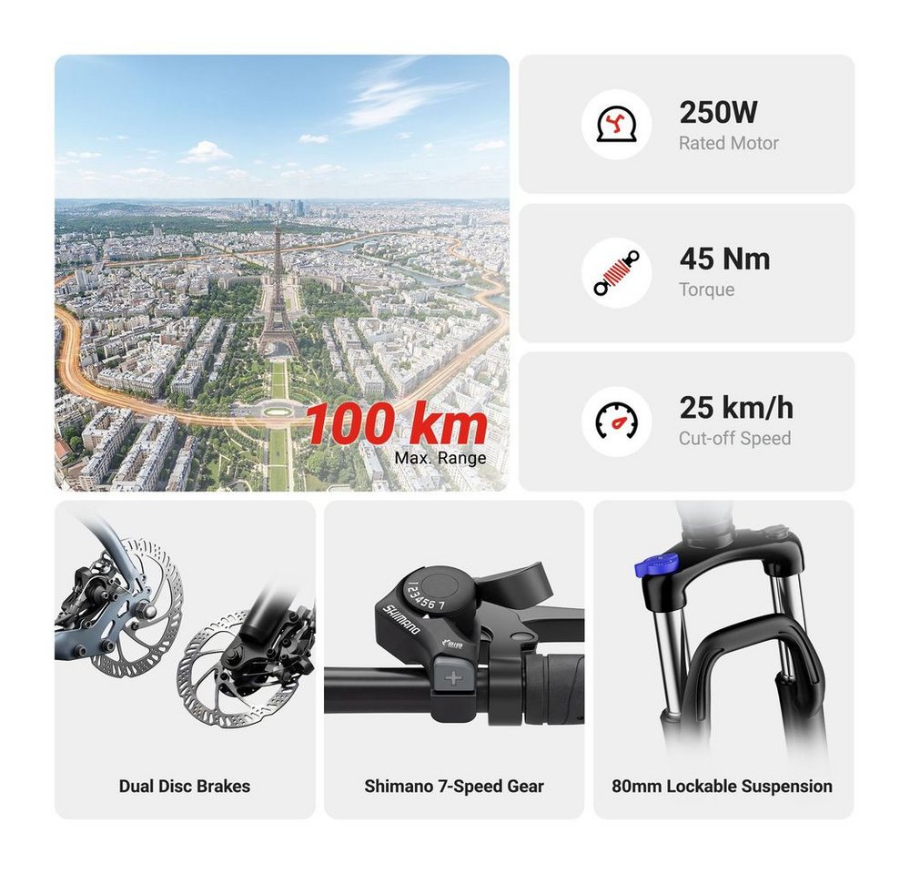 Eleglide E-Bike Trekkingrad T1 Step-Over mit 250-W-Motor, 27,5-Zoll-Rädern, 561,6 Wh Akku, 7 Gang Shimano, Heckmotor, 468 Wh, 27.5"x17.5", 36V 13Ah, 468Wh, 100 km (Unterstützungsmodus)