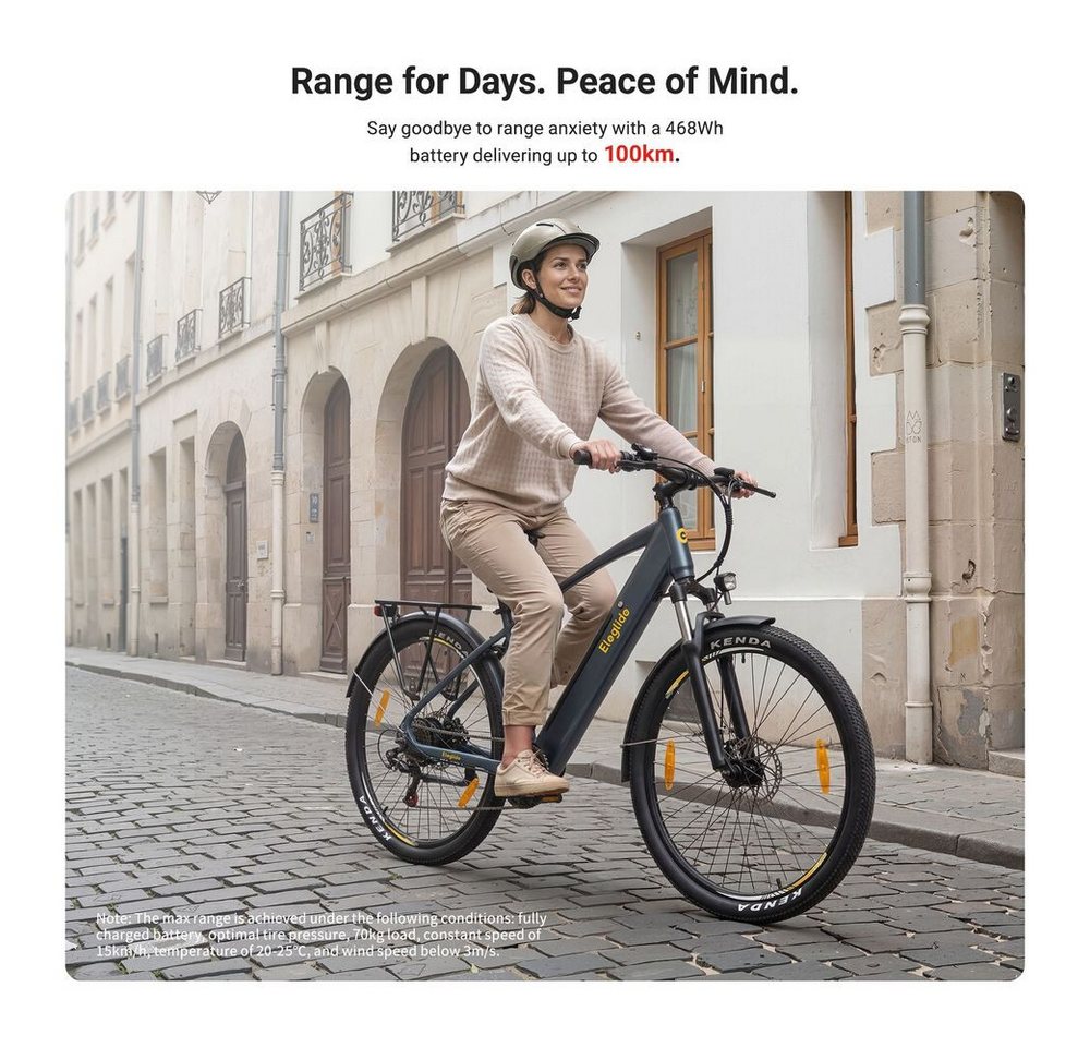 Eleglide E-Bike Trekkingrad T1 Step-Over mit 250-W-Motor, 27,5-Zoll-Rädern, 561,6 Wh Akku, 7 Gang Shimano, Heckmotor, 468 Wh, 27.5"x17.5", 36V 13Ah, 468Wh, 100 km (Unterstützungsmodus) Bild 4