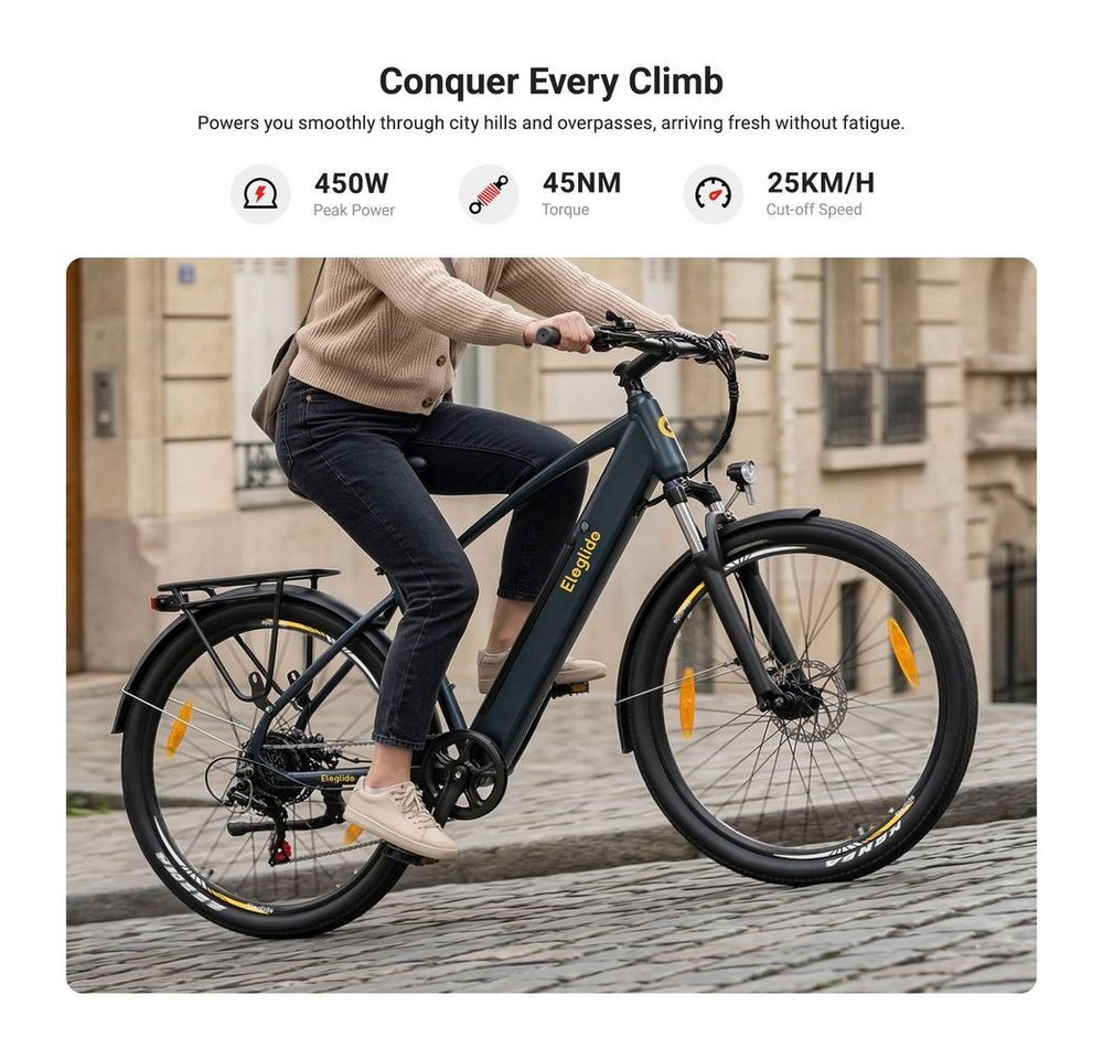 Eleglide E-Bike Trekkingrad T1 Step-Over mit 250-W-Motor, 27,5-Zoll-Rädern, 561,6 Wh Akku, 7 Gang Shimano, Heckmotor, 468 Wh, 27.5"x17.5", 36V 13Ah, 468Wh, 100 km (Unterstützungsmodus) Bild 5