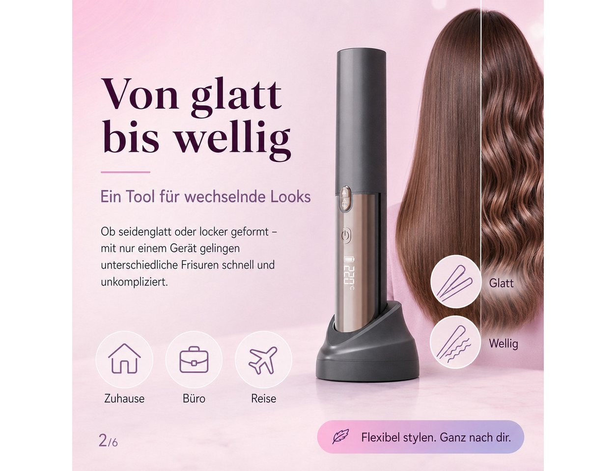 Luckice Glätteisen Kabelloser 2-in-1 Haarglätter & Lockenstyler, Mini-Reiseglätteisen, 160–220 °C, USB-C,5 Temperaturstufen und Schnellheizung, für alle Haartypen geeignet Bild 2