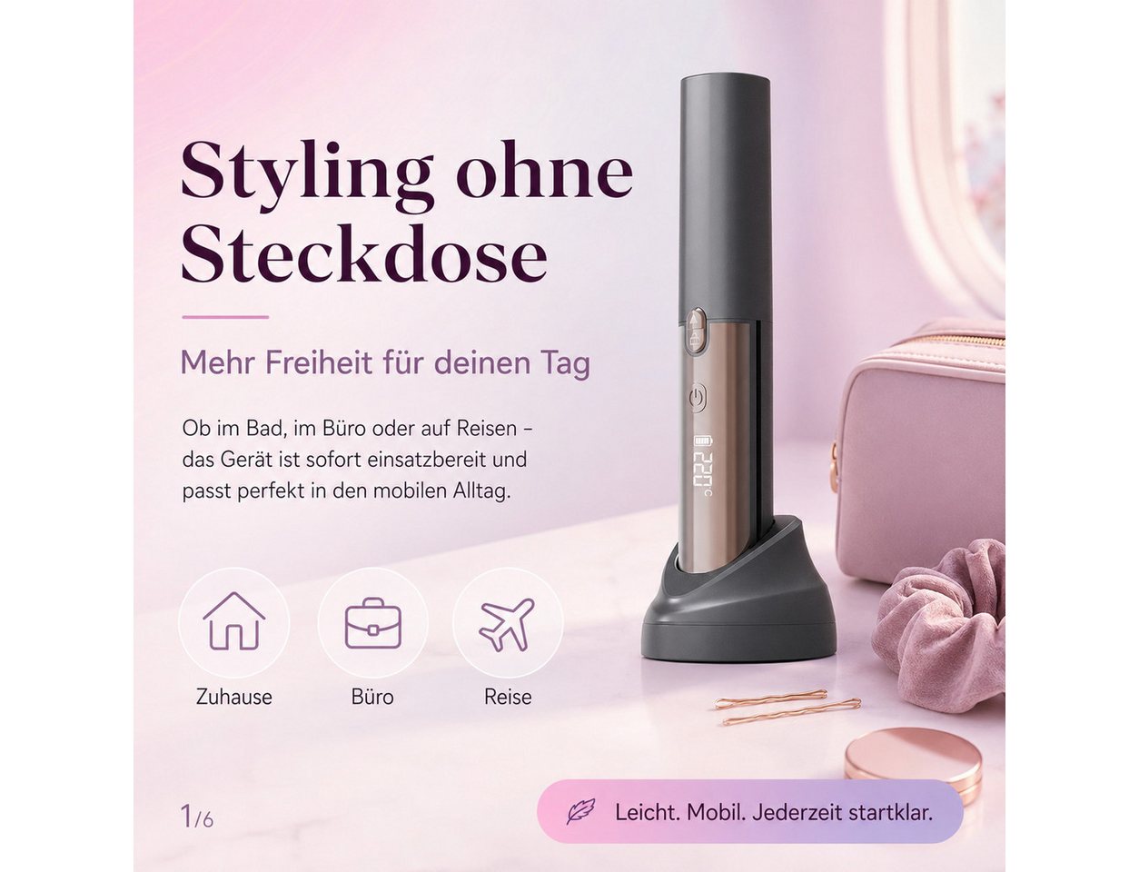 Luckice Glätteisen Kabelloser 2-in-1 Haarglätter & Lockenstyler, Mini-Reiseglätteisen, 160–220 °C, USB-C,5 Temperaturstufen und Schnellheizung, für alle Haartypen geeignet Bild 5