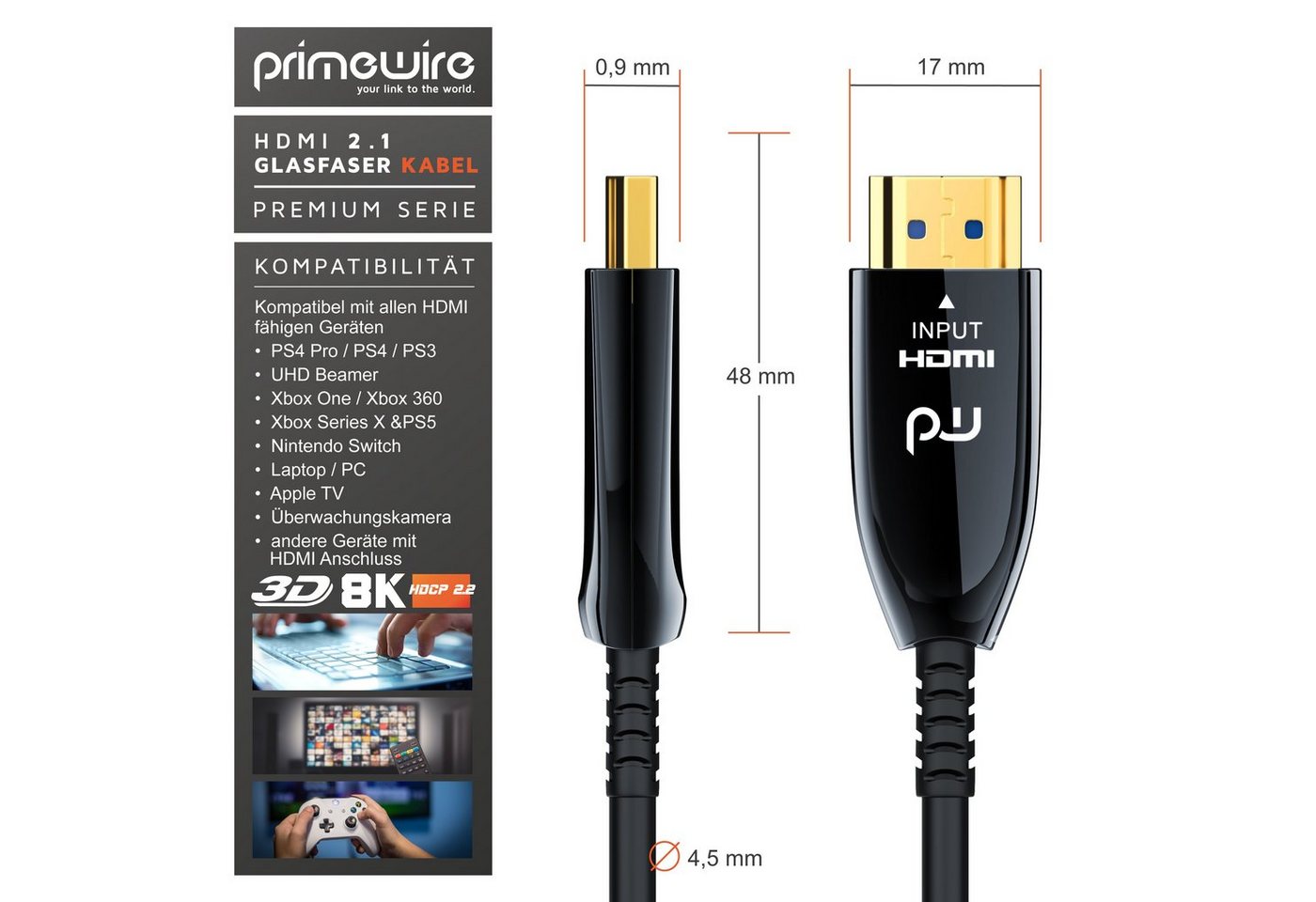 Primewire HDMI-Kabel, 2.1, HDMI Typ A (1501 cm), Glasfaser UHD, 8K @ 120Hz, 4k @ 240Hz, HDR10+, 3D, eARC, HDCP 2.3, 15m Bild 2