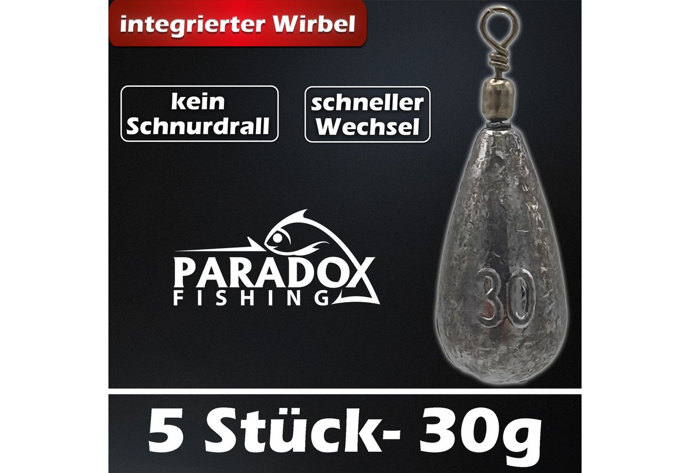Paradox Fishing Angelgewicht Birnenblei Set, integrierter Wirbel