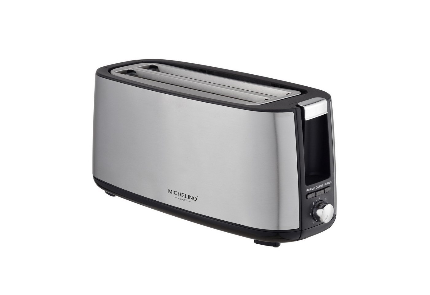 Michelino Toaster Edelstahl 4-Scheiben Langschlitz-Toastautomat Langschlitztoaster, 2 lange Schlitze, Brötchenausatz, Krümelschublade